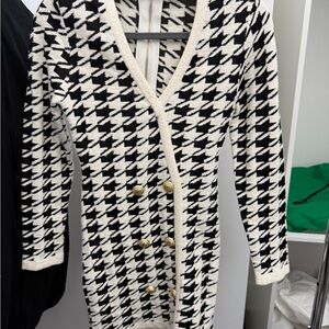 Black & White Houndstooth Knit Cardigan Dress with Gold Buttons